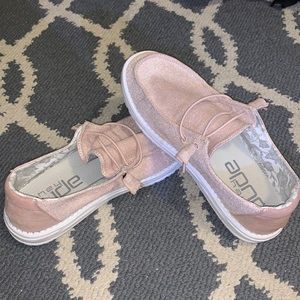 Pink sparkly hey dude slip on shoes